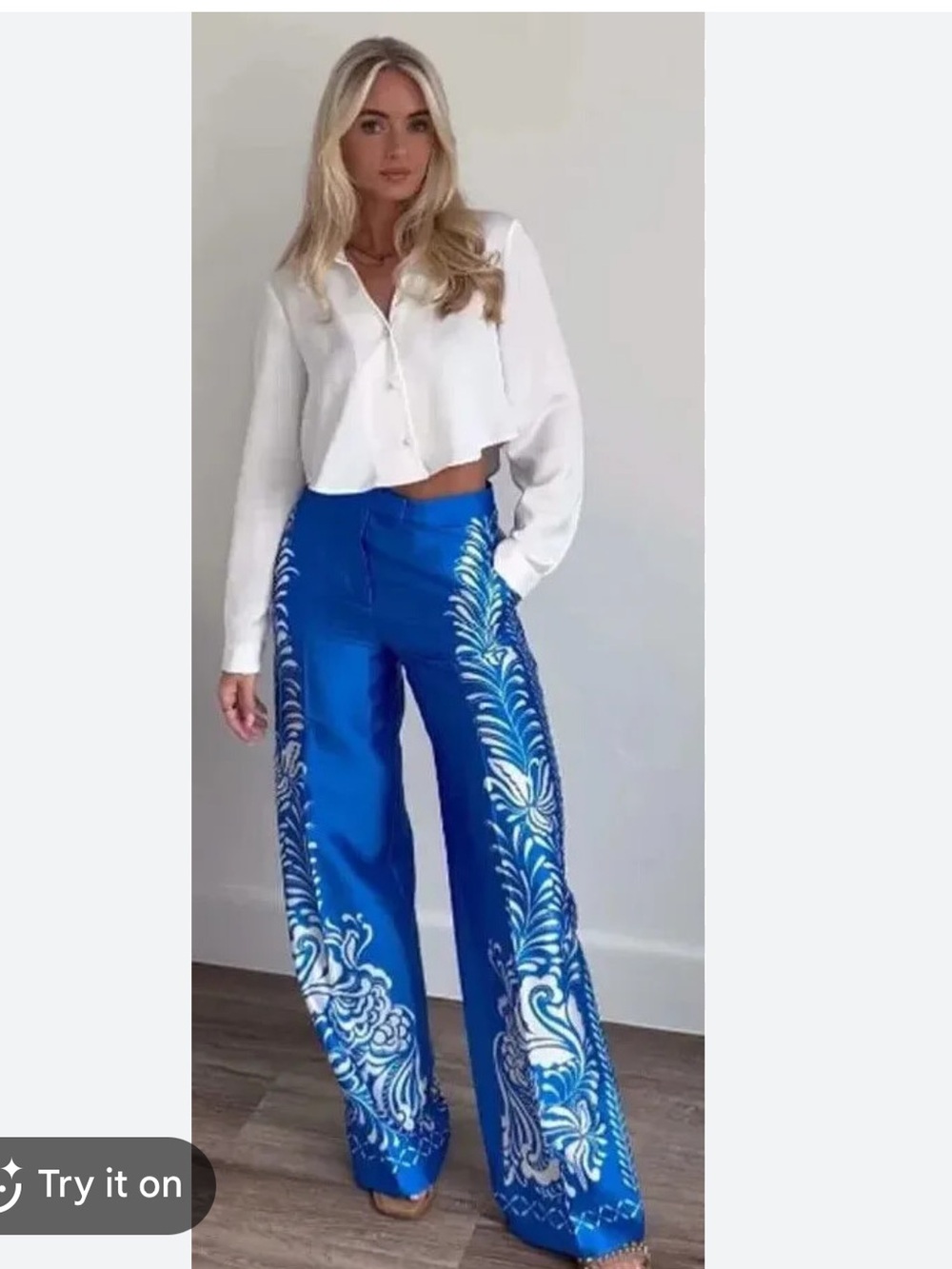 Zara Satin Floral Print High Waist Trouser Pants in Cobalt Blue and White Medium